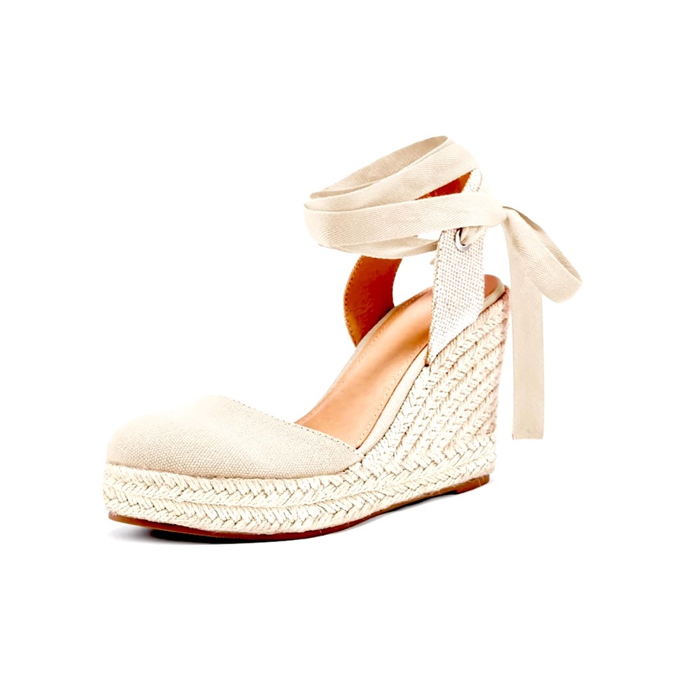 NIB SZ 6.5 Precious Nude/Natural lace up Espadrille Heel Platform Wedge 👡!!